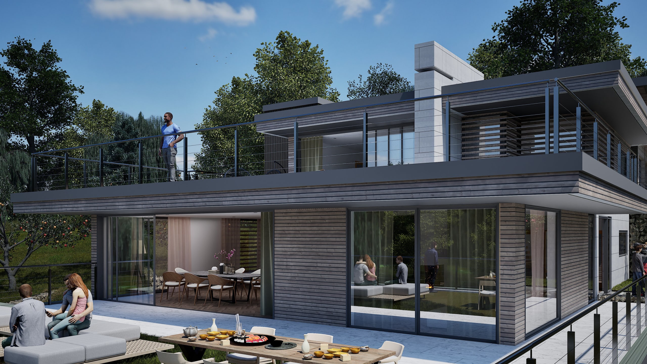 Modern two-story luxury home with floor-to-ceiling glass walls, wooden cladding, rooftop terrace, and outdoor living spaces